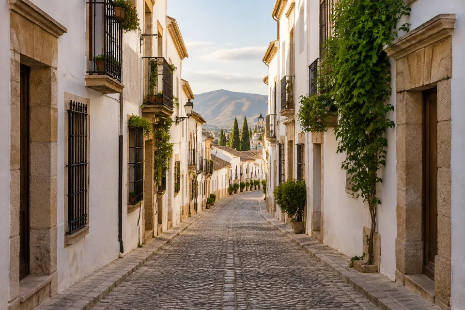 Calle empedrada del casco antiguo de Ronda con fachadas blancas