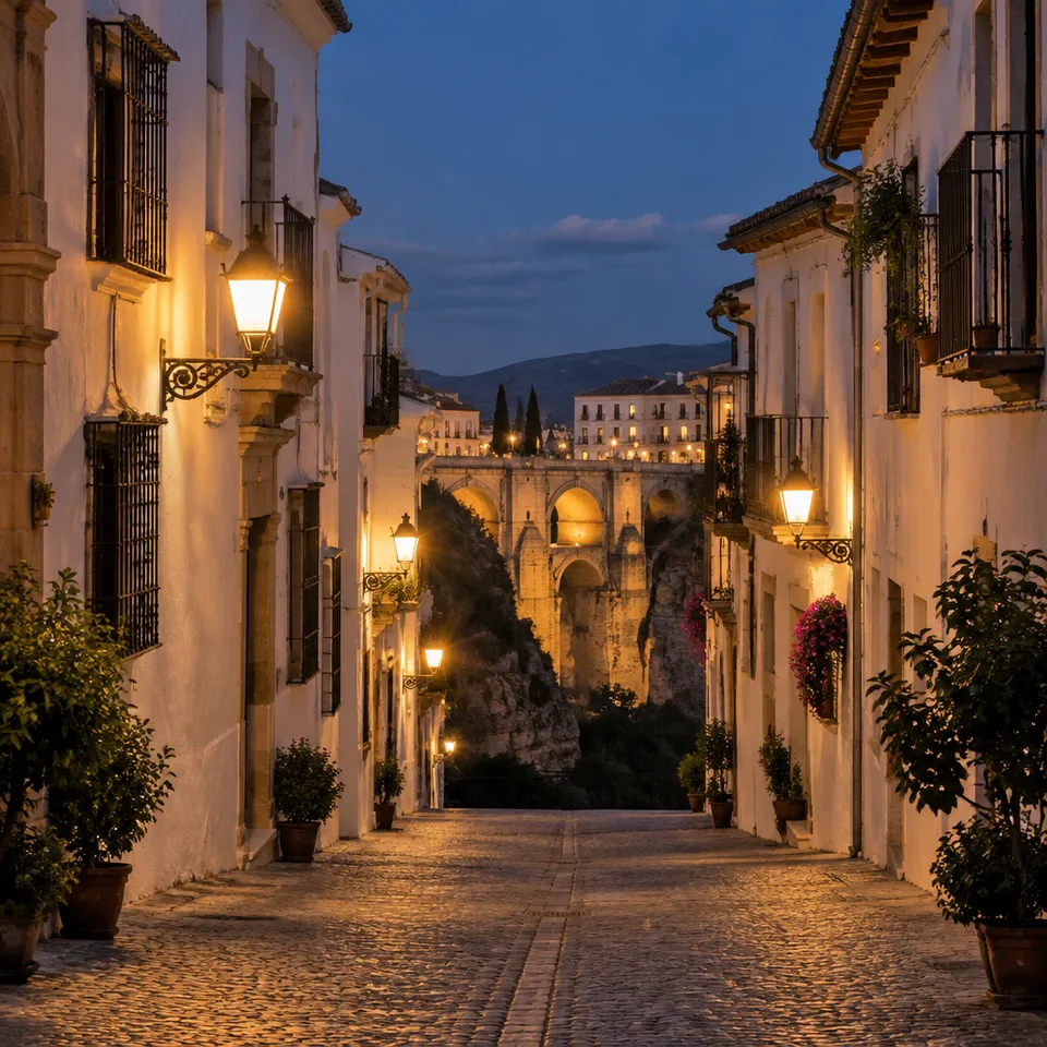 Calle empedrada de Ronda de noche con faroles cálidos