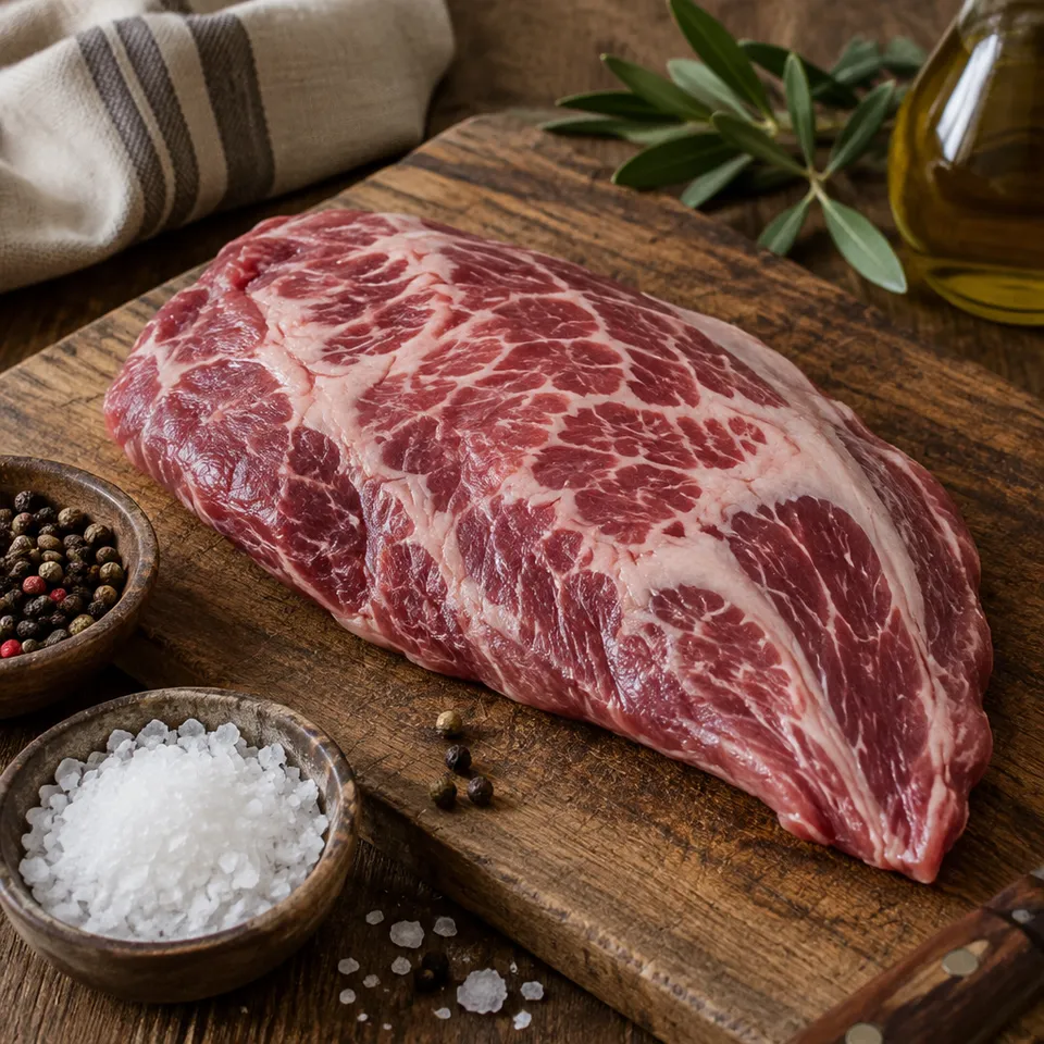 Corte crudo de cerdo ibérico con vetas sobre tabla