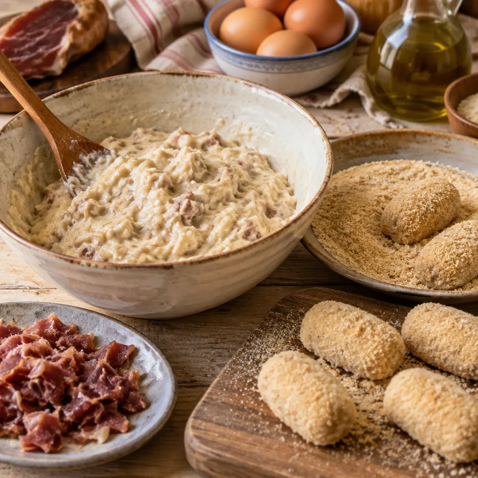 Masa de croquetas, relleno desmigado y pan rallado