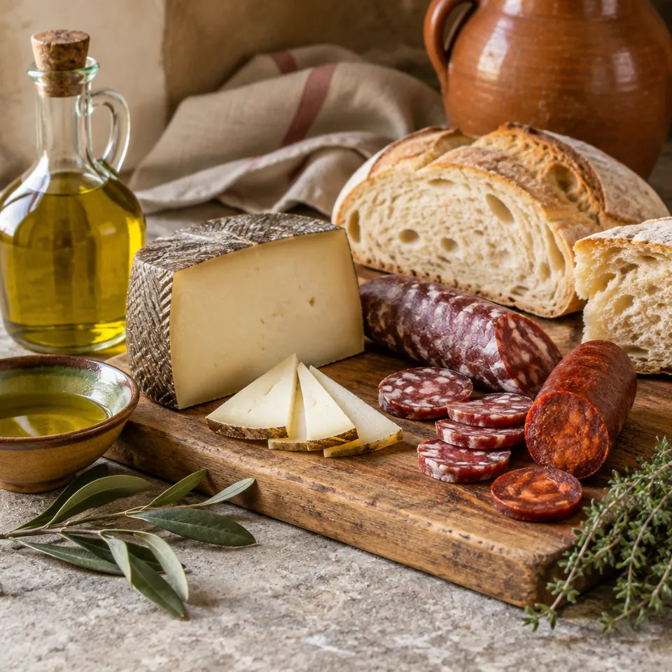 Queso, chacina, pan rústico y aceite sobre piedra clara
