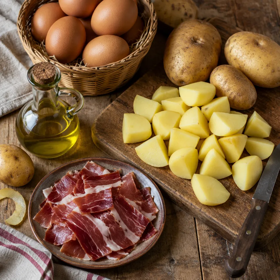 Huevos frescos, patatas cortadas, jamón y aceite sobre piedra
