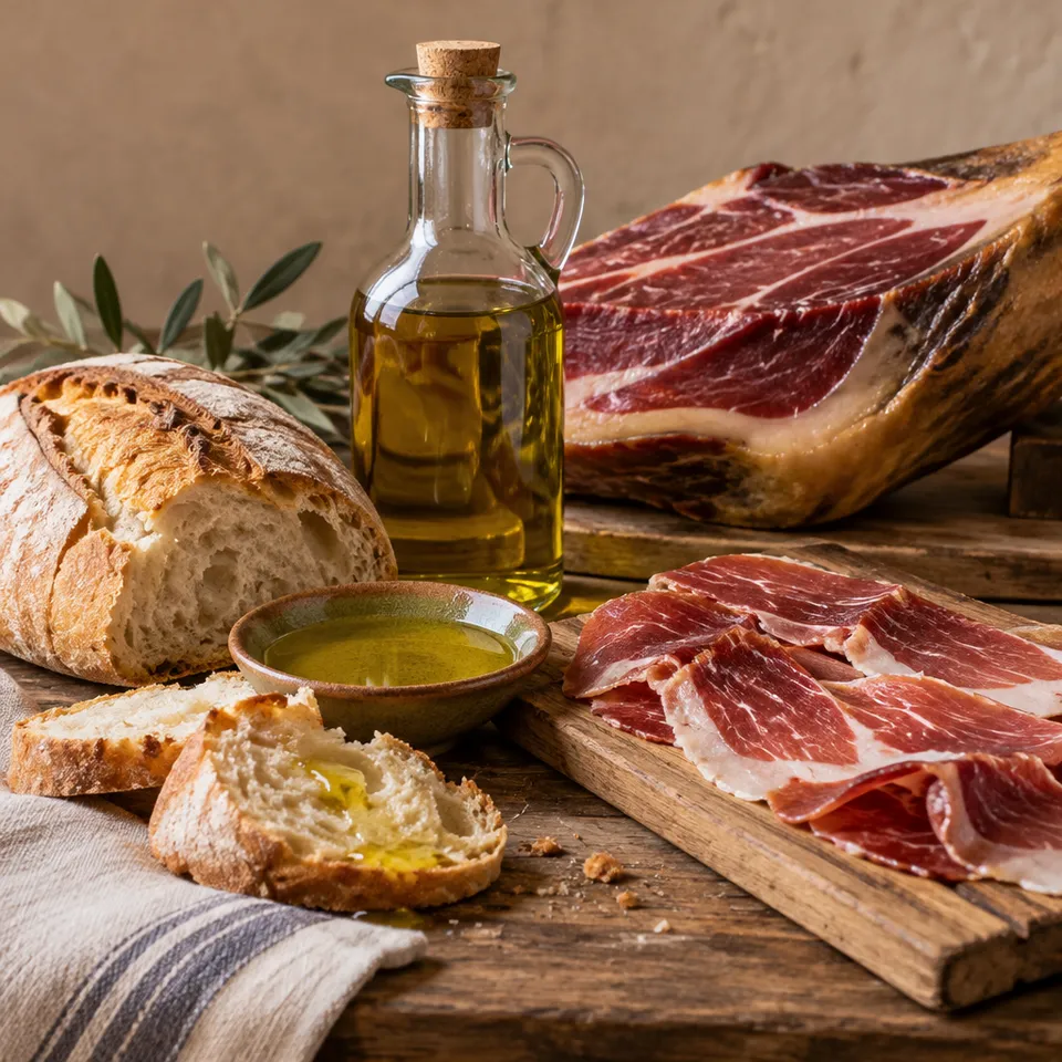 Jamón curado, pan rústico y aceite de oliva sobre mesa