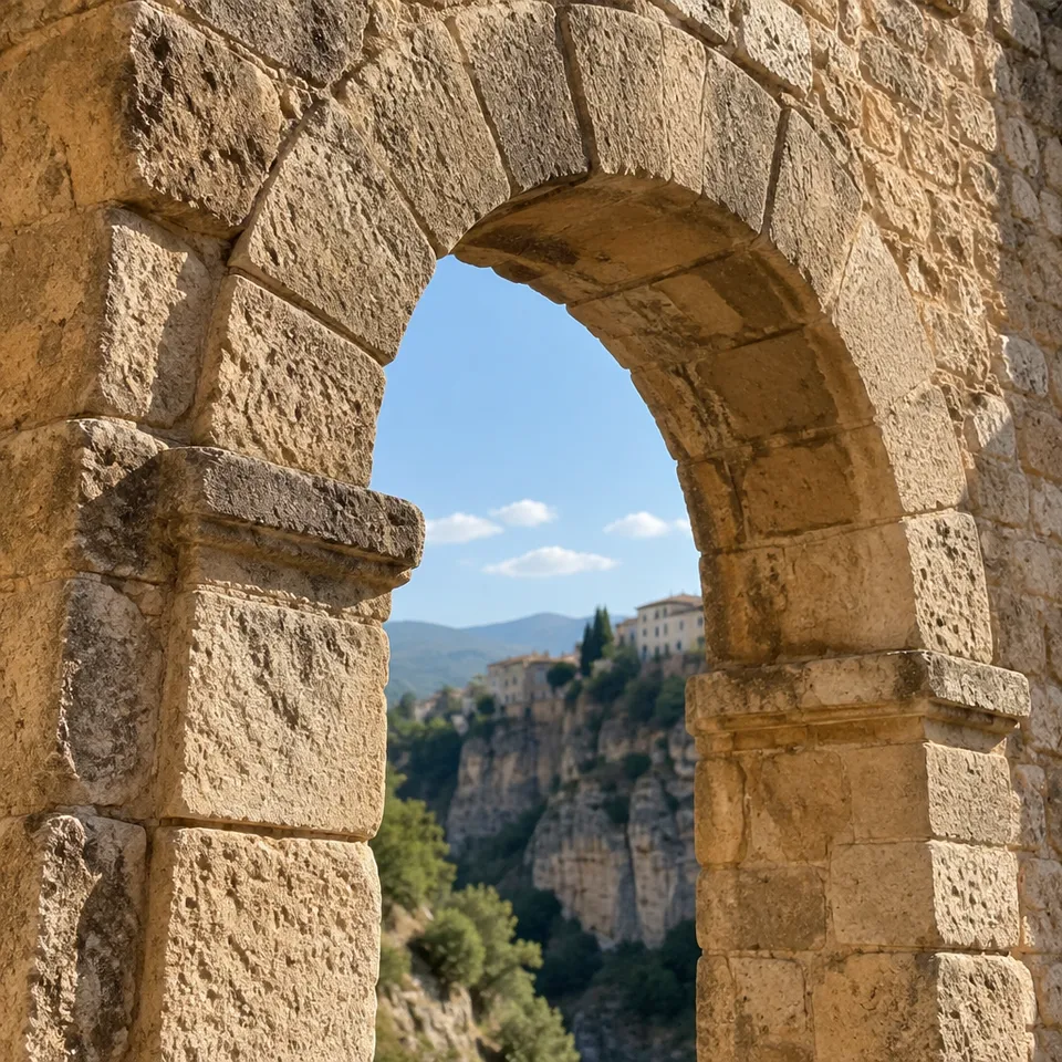 Detalle de sillares antiguos y arco de piedra en Ronda