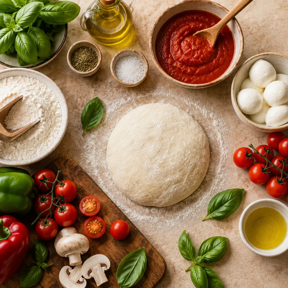 Masa, tomate, mozzarella y albahaca preparados para pizza