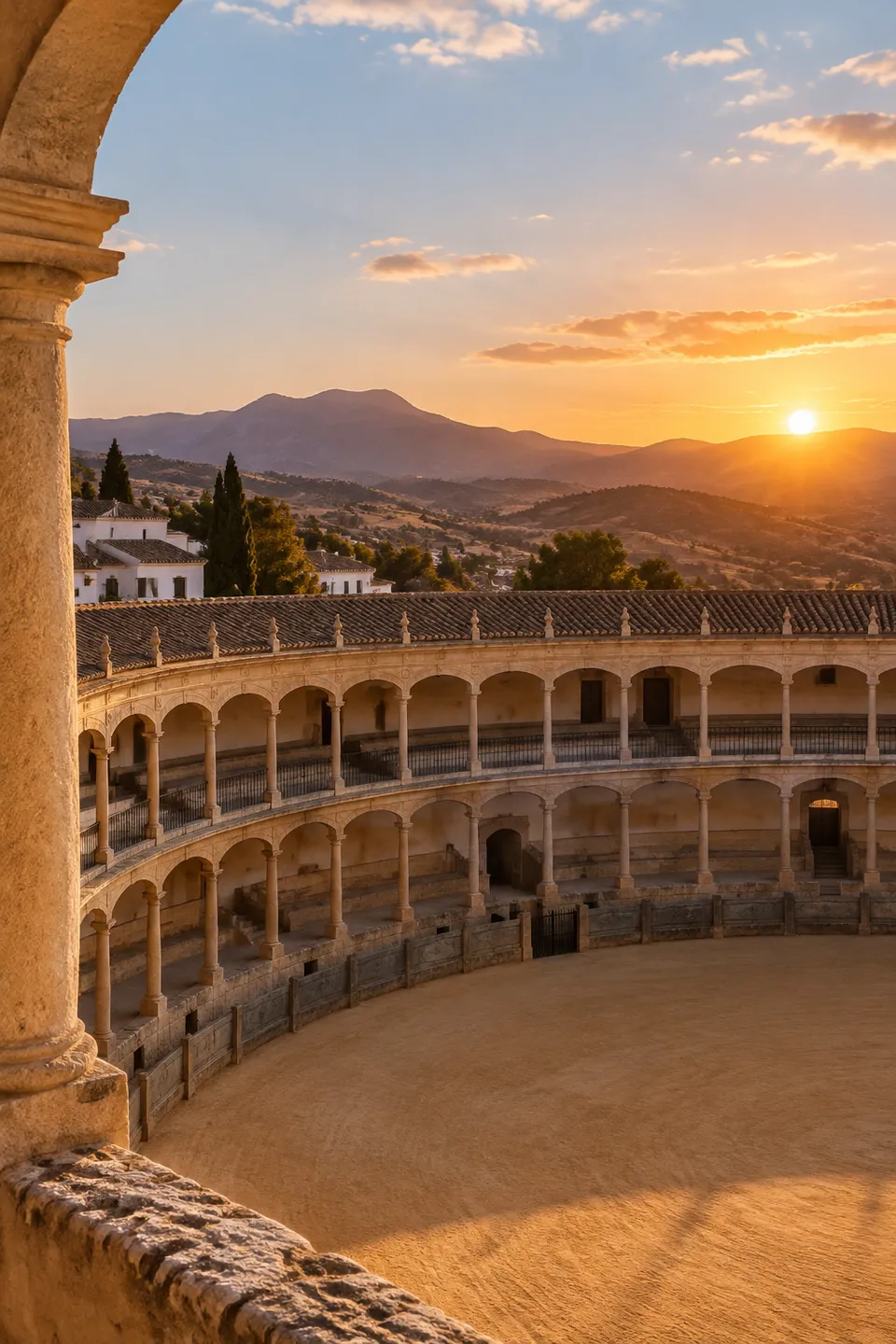 Plaza de toros de Ronda con arcos de piedra cálida
