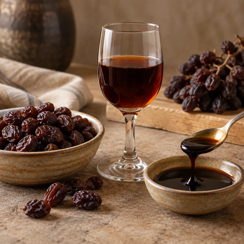 Vino dulce, pasas y reducción oscura sobre fondo beige