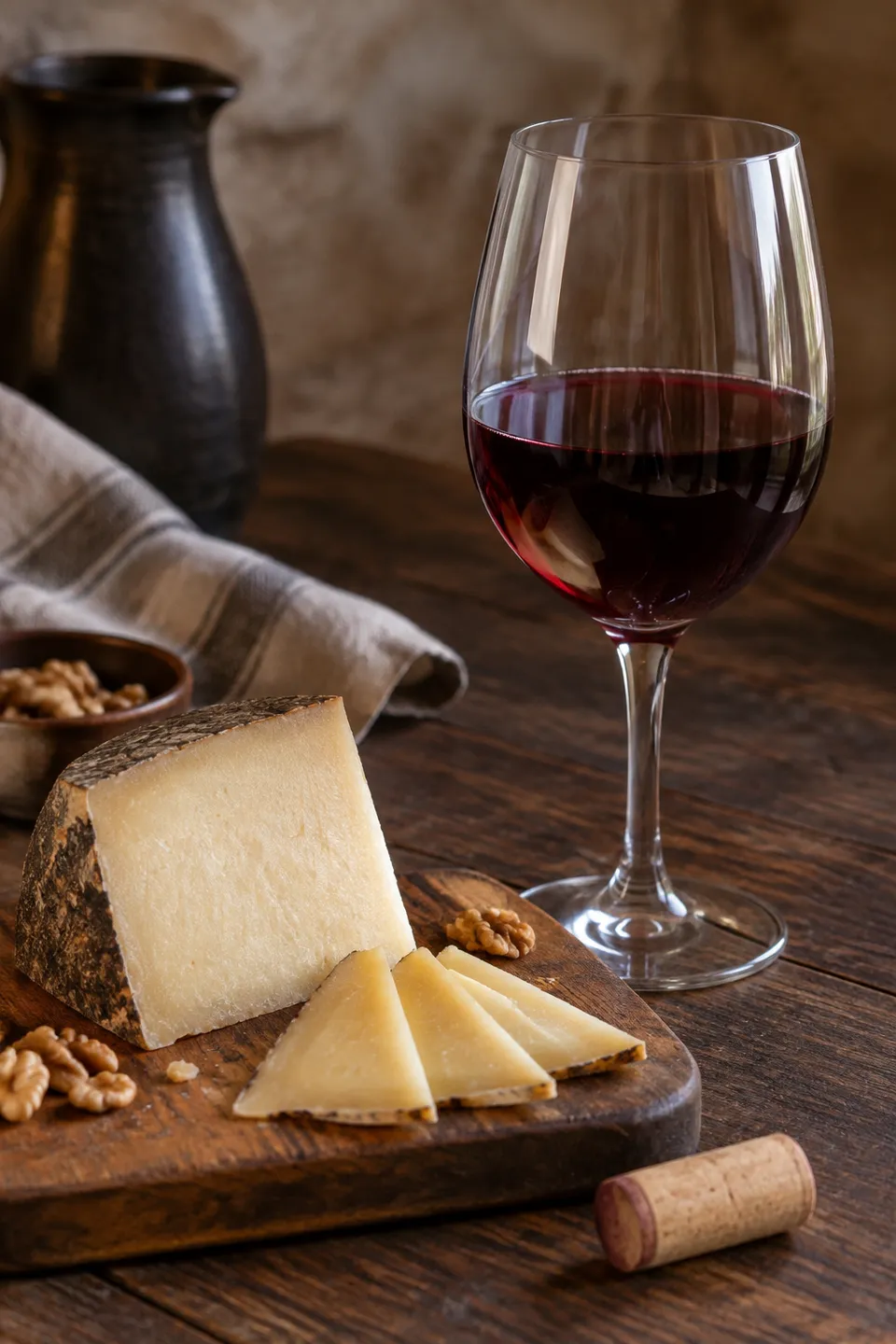 Copa de vino tinto junto a pequeños cortes de queso