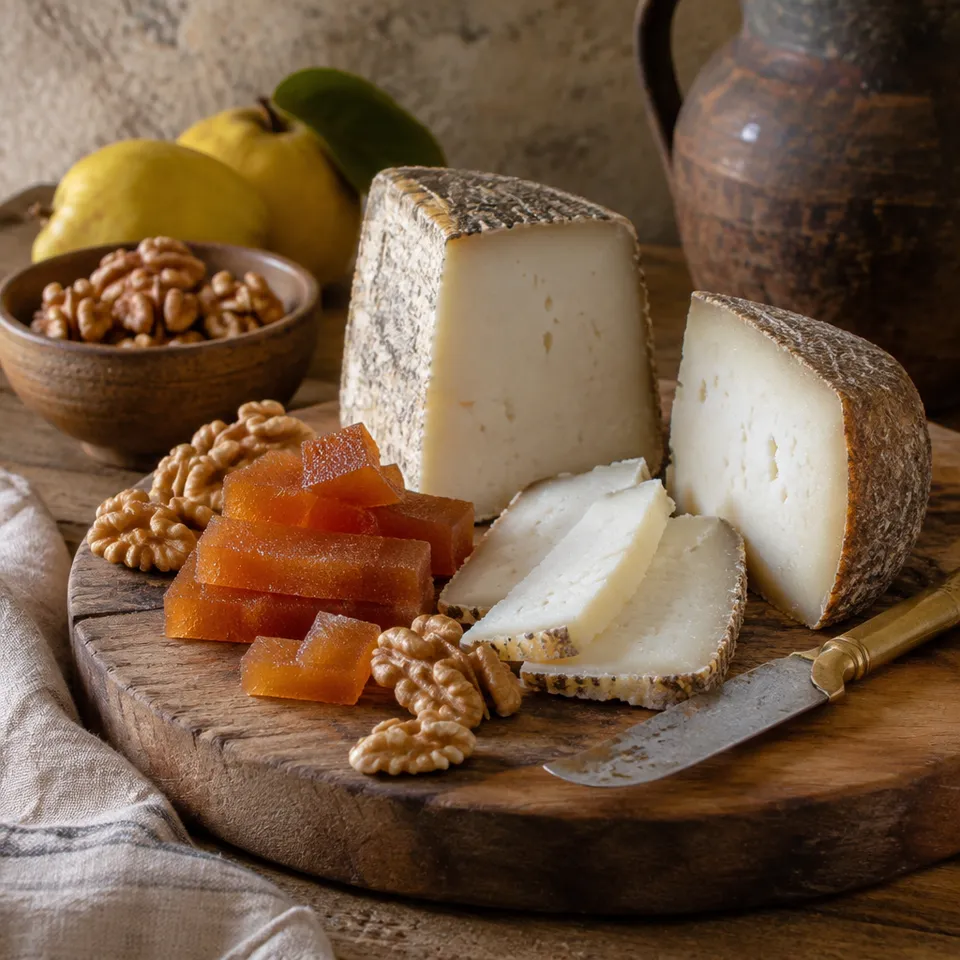 Cuñas de queso con membrillo, nueces y cuchillo pequeño