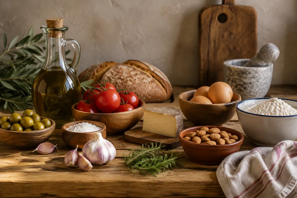 Utensilios limpios y cuencos con ingredientes separados sobre mesa