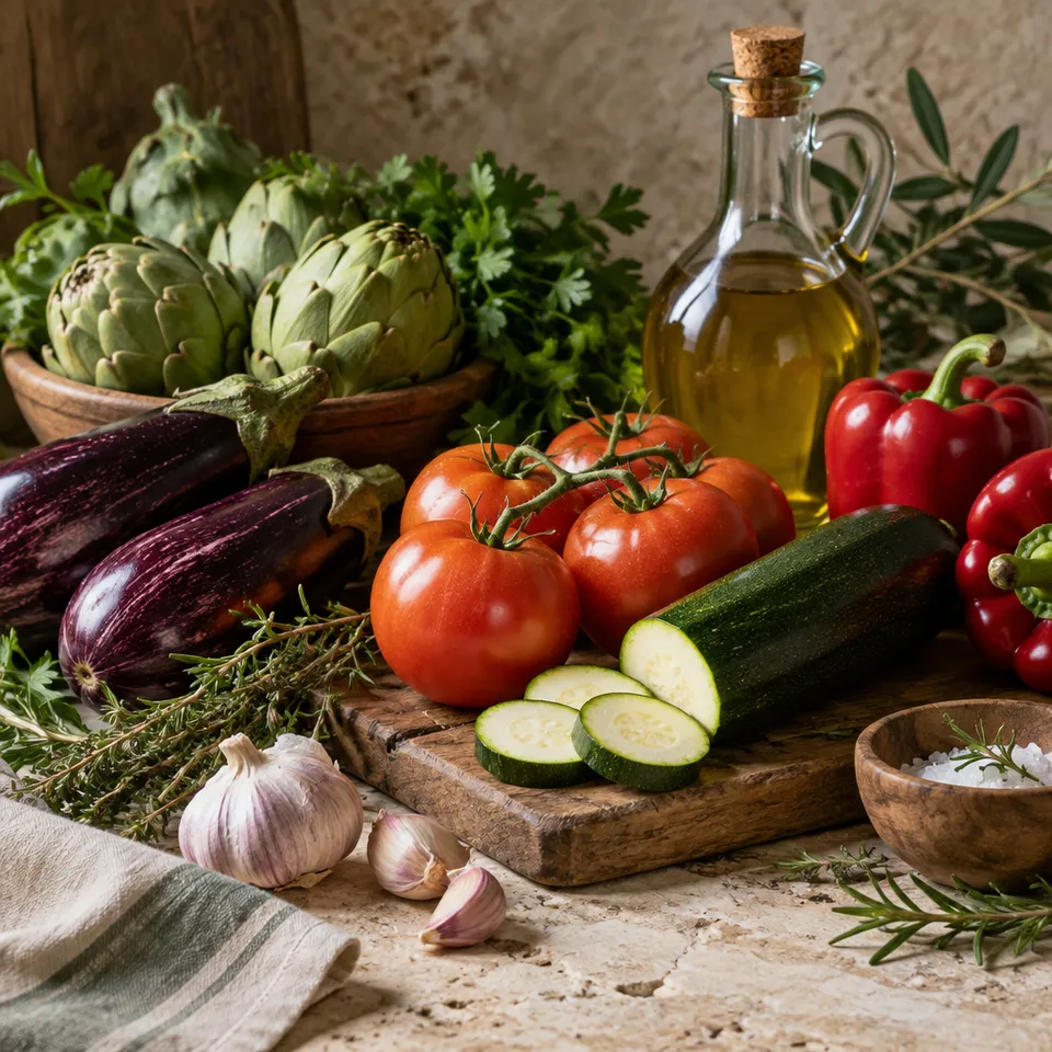 Verduras mediterráneas de temporada con aceite y hierbas frescas