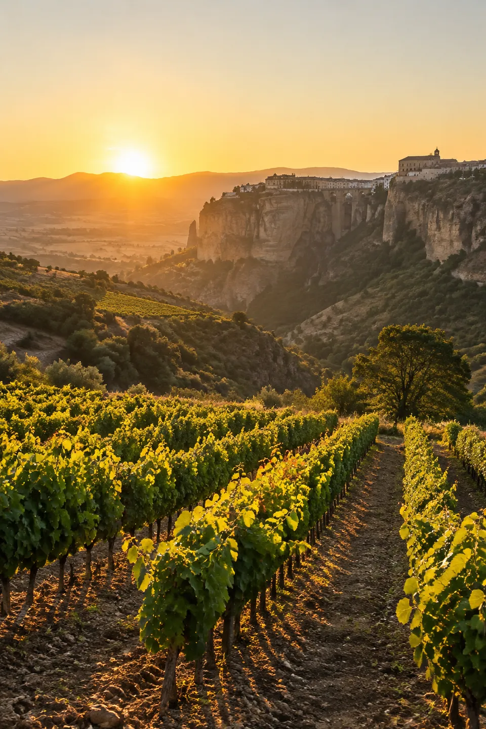 Viñedo rondeño al amanecer con sierras suaves al fondo