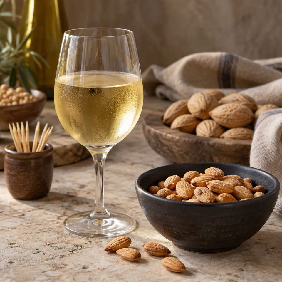 Copa de vino blanco con almendras y servilleta beige