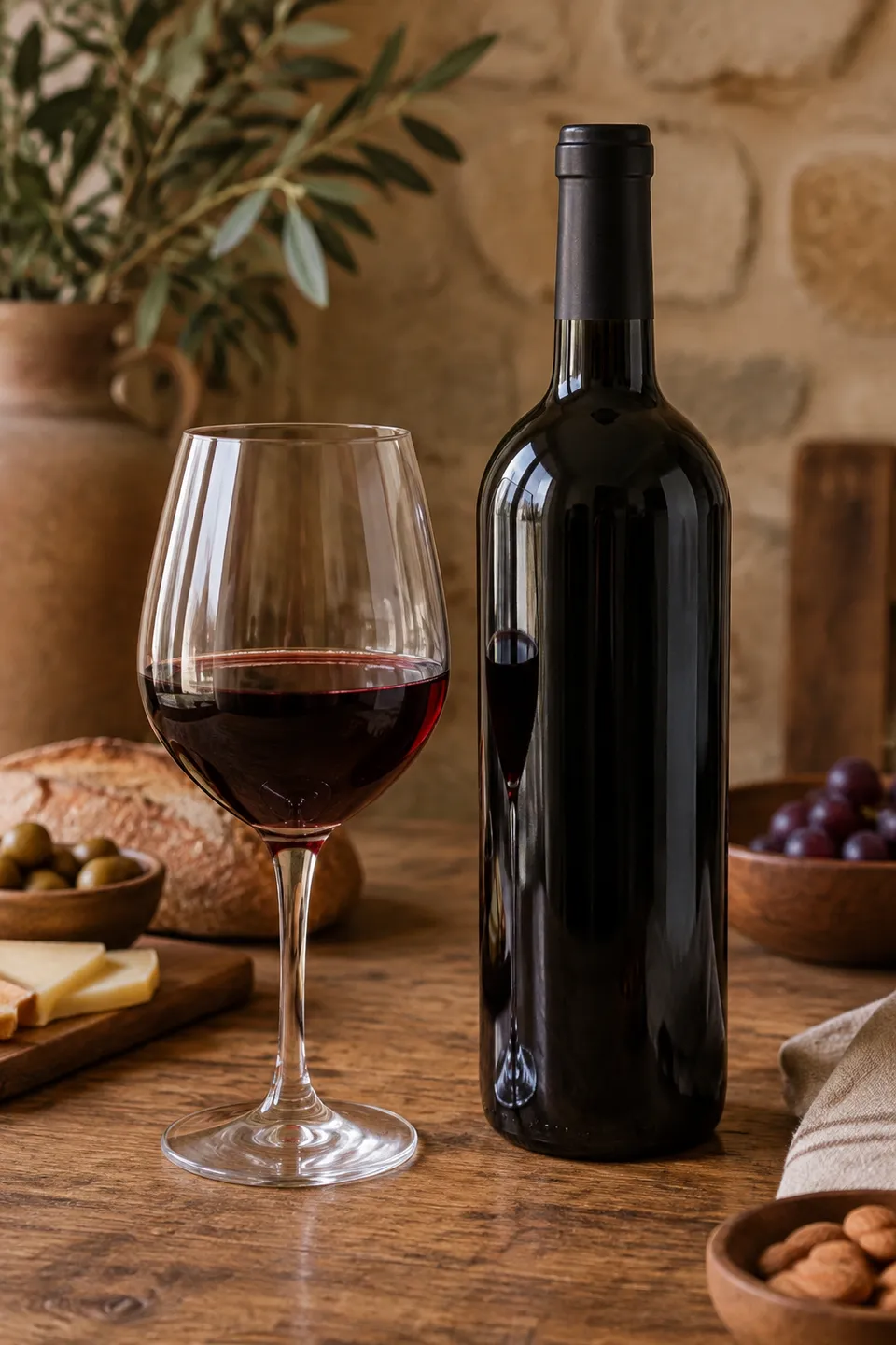 Copa de vino tinto junto a botella sin etiqueta